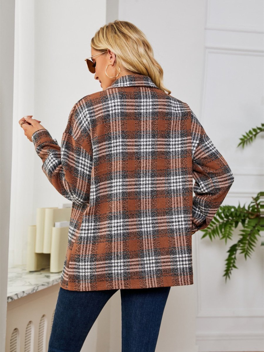 Plaid Collared Shirt Jacket - Outerwear