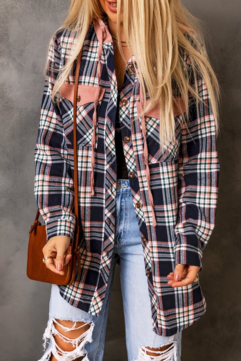 Plaid Drawstring Hooded Jacket with Pockets - Outerwear