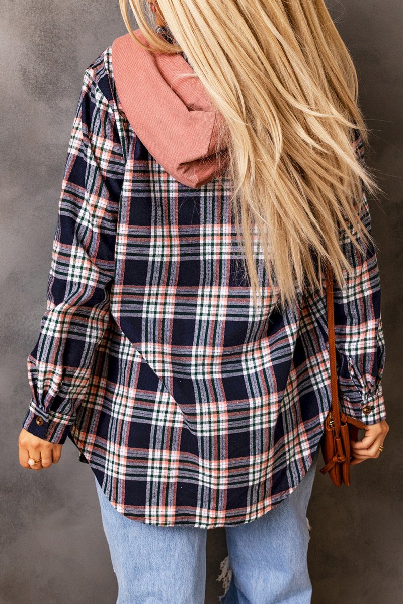 Plaid Drawstring Hooded Jacket with Pockets - Outerwear