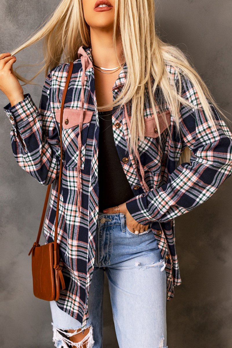 Plaid Drawstring Hooded Jacket with Pockets - Outerwear