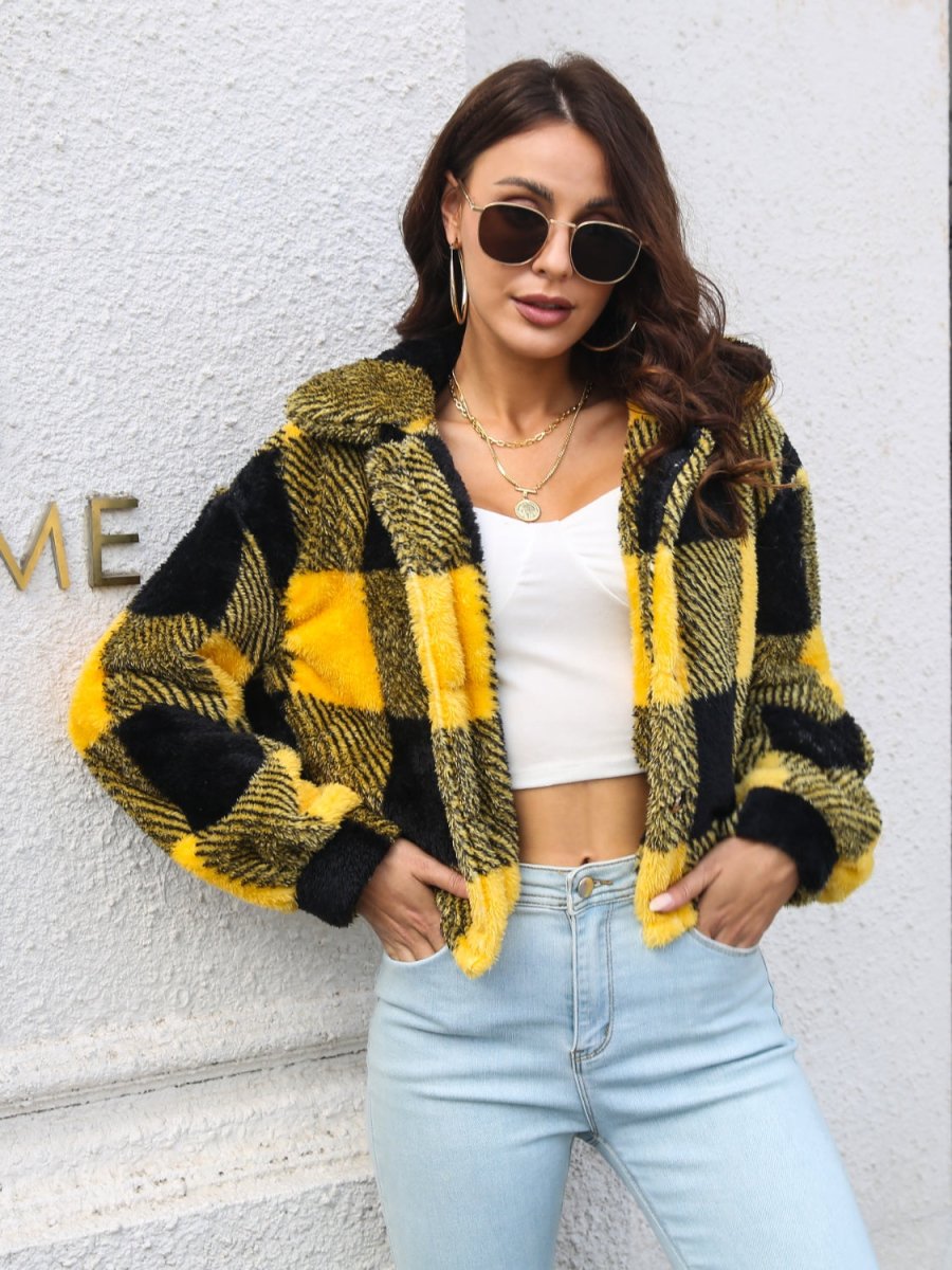 Plaid Dropped Shoulder Buttoned Jacket - Outerwear