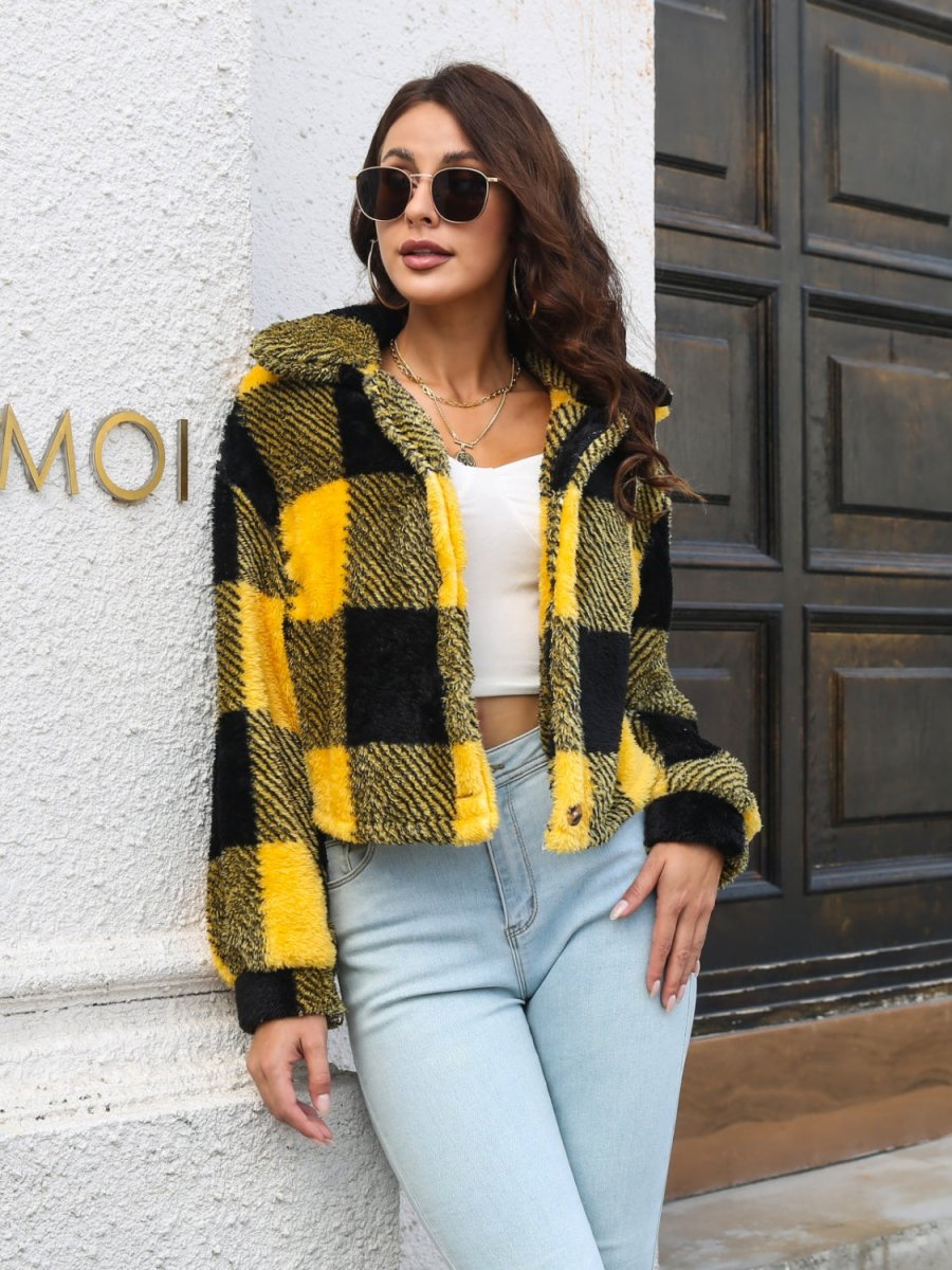 Plaid Dropped Shoulder Buttoned Jacket - Outerwear
