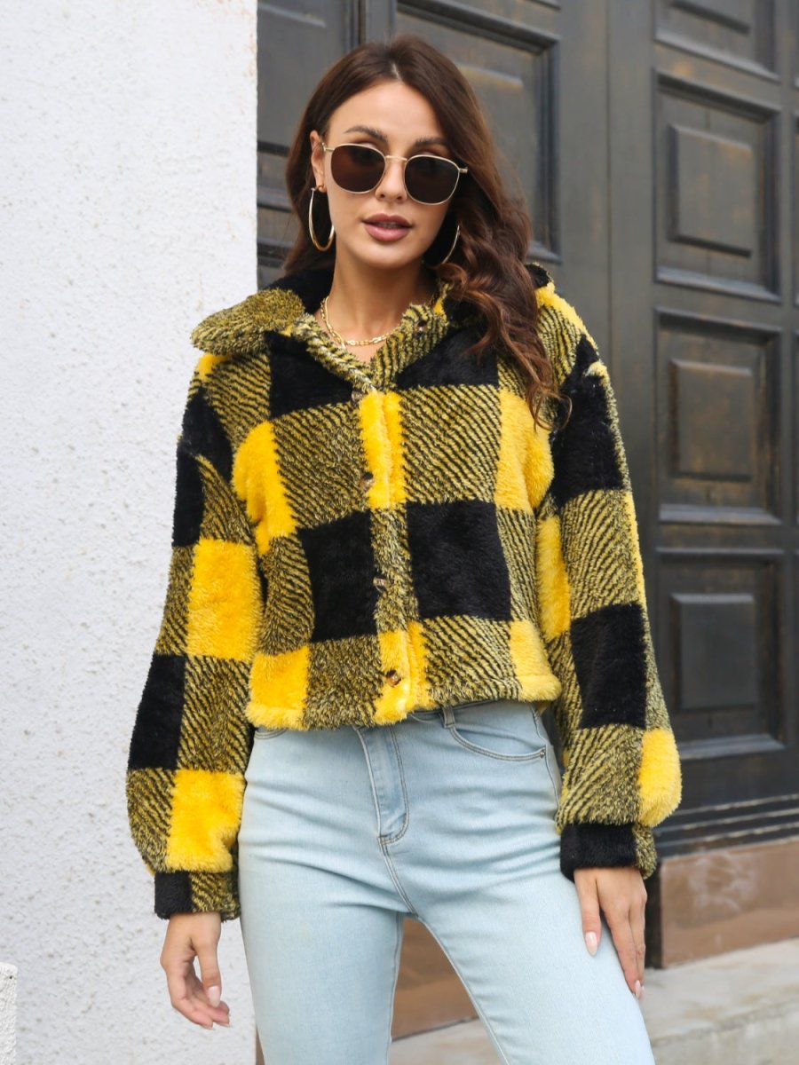 Plaid Dropped Shoulder Buttoned Jacket - Outerwear