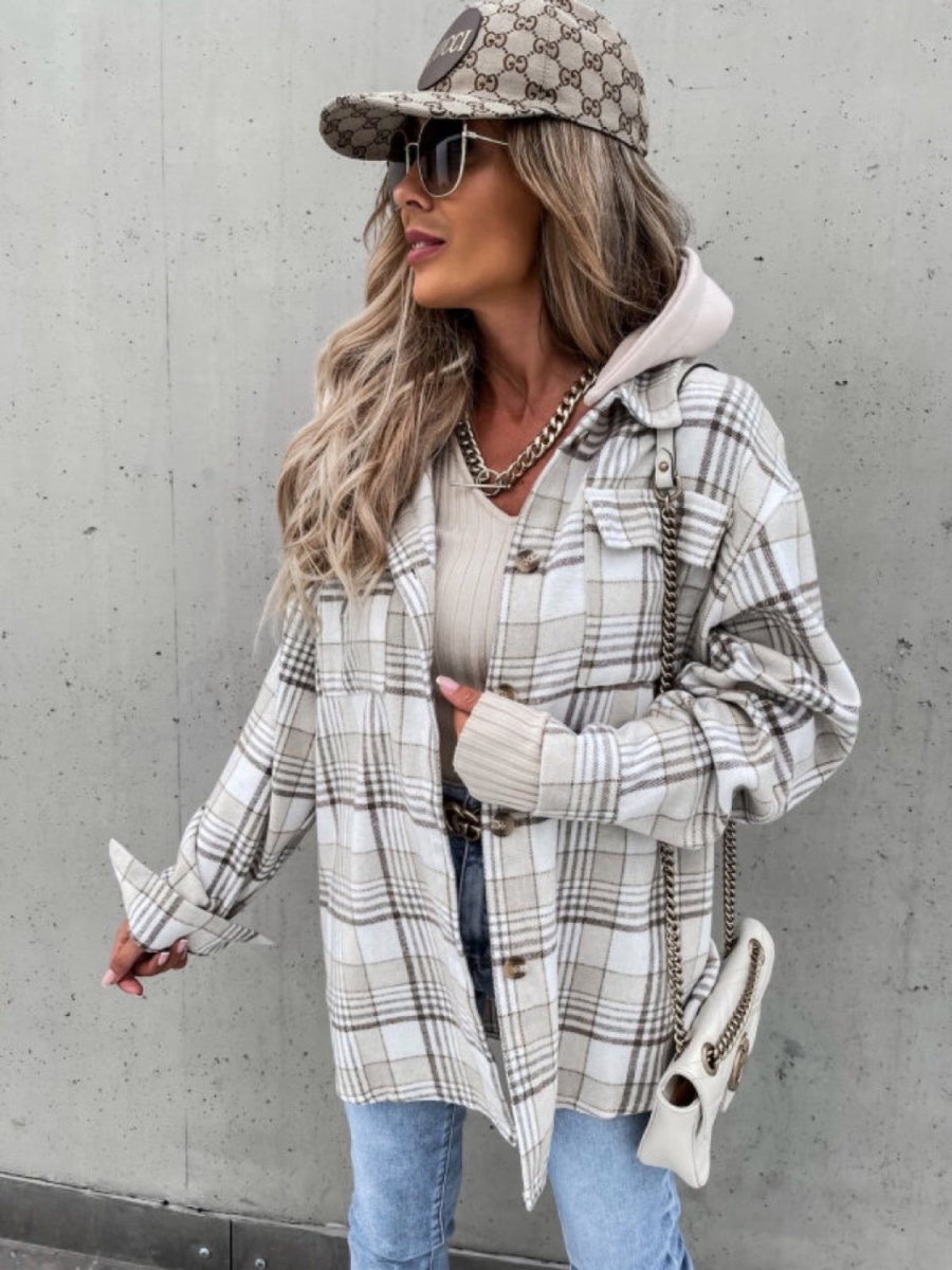 Plaid Dropped Shoulder Hooded Jacket - Outerwear