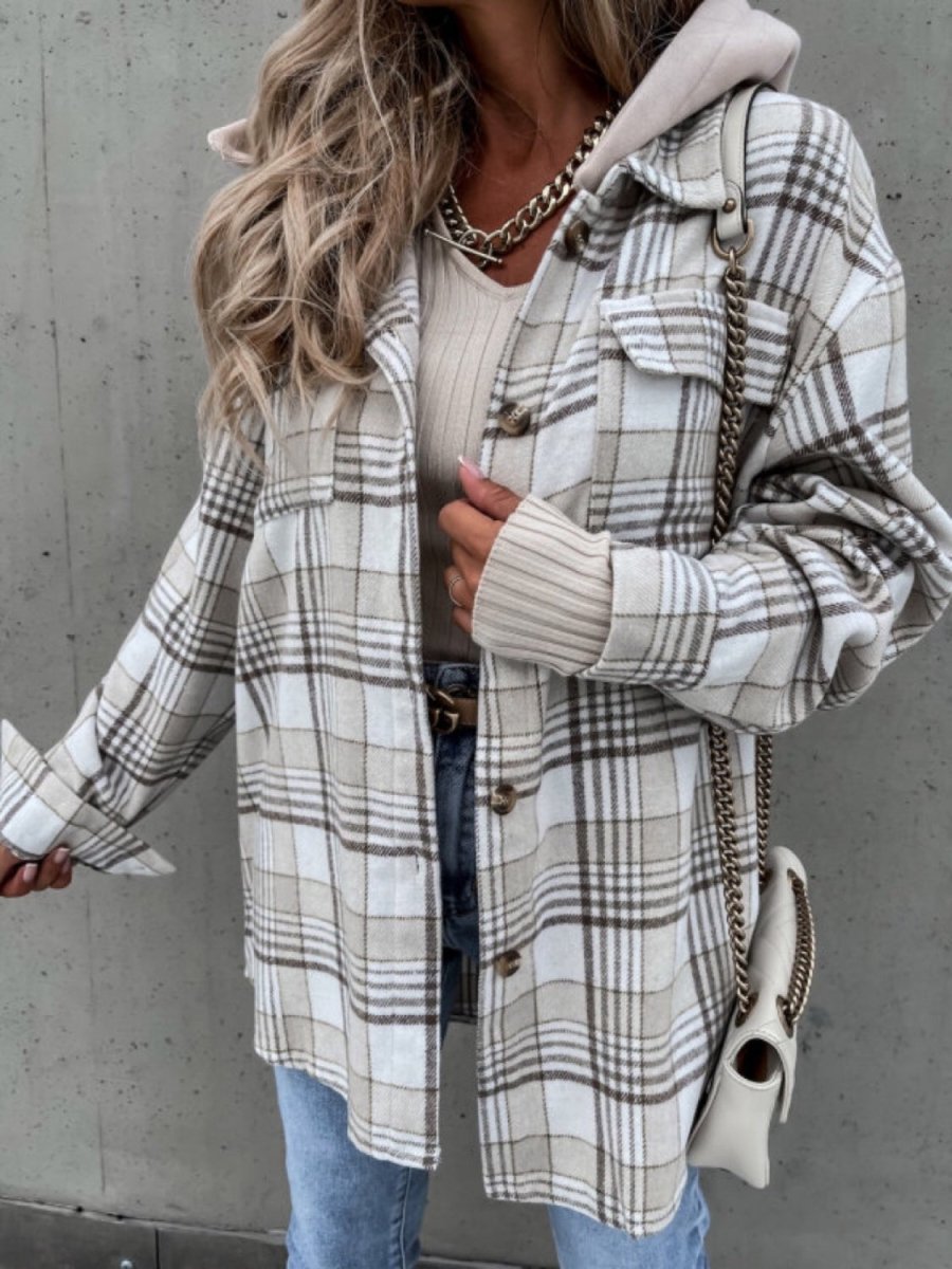 Plaid Dropped Shoulder Hooded Jacket - Outerwear
