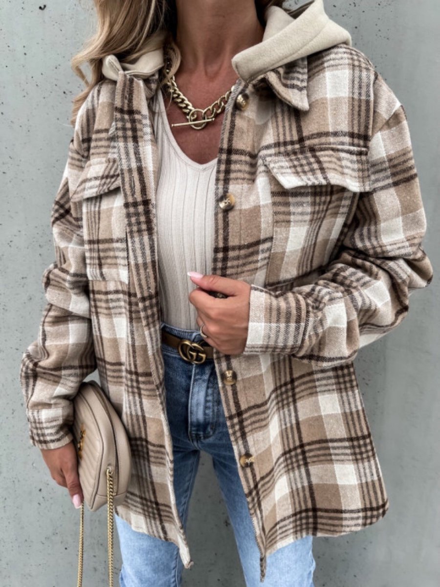 Plaid Dropped Shoulder Hooded Jacket - Outerwear
