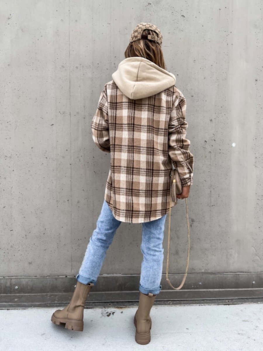 Plaid Dropped Shoulder Hooded Jacket - Outerwear