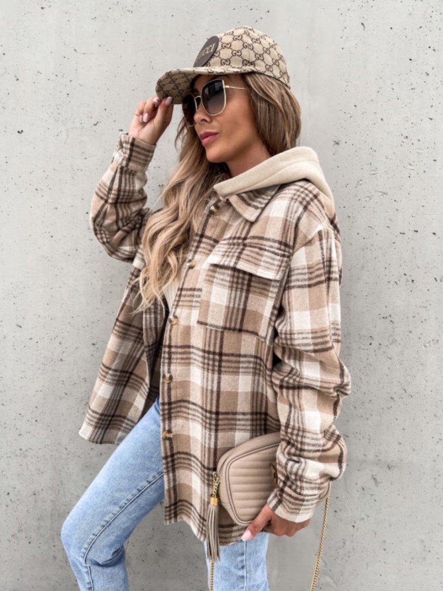Plaid Dropped Shoulder Hooded Jacket - Outerwear