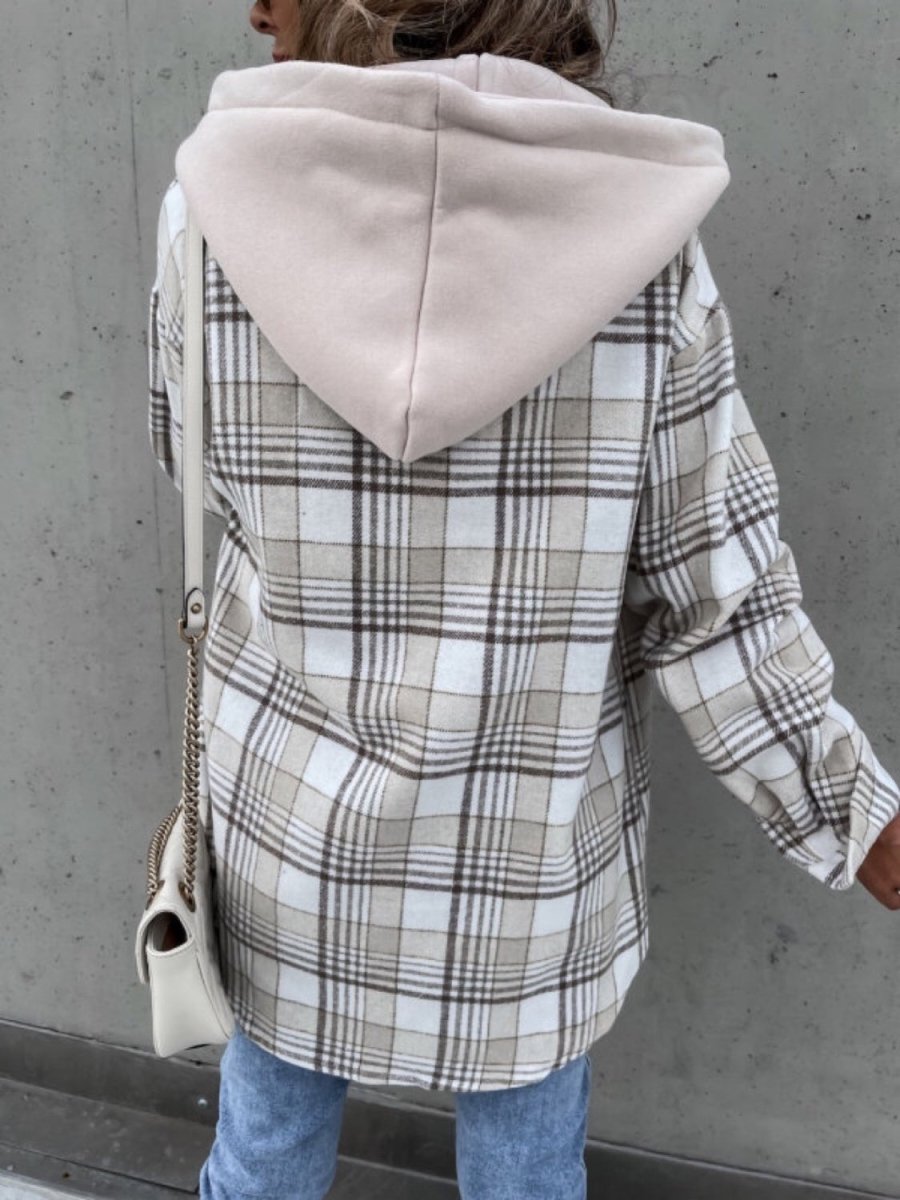 Plaid Dropped Shoulder Hooded Jacket - Outerwear