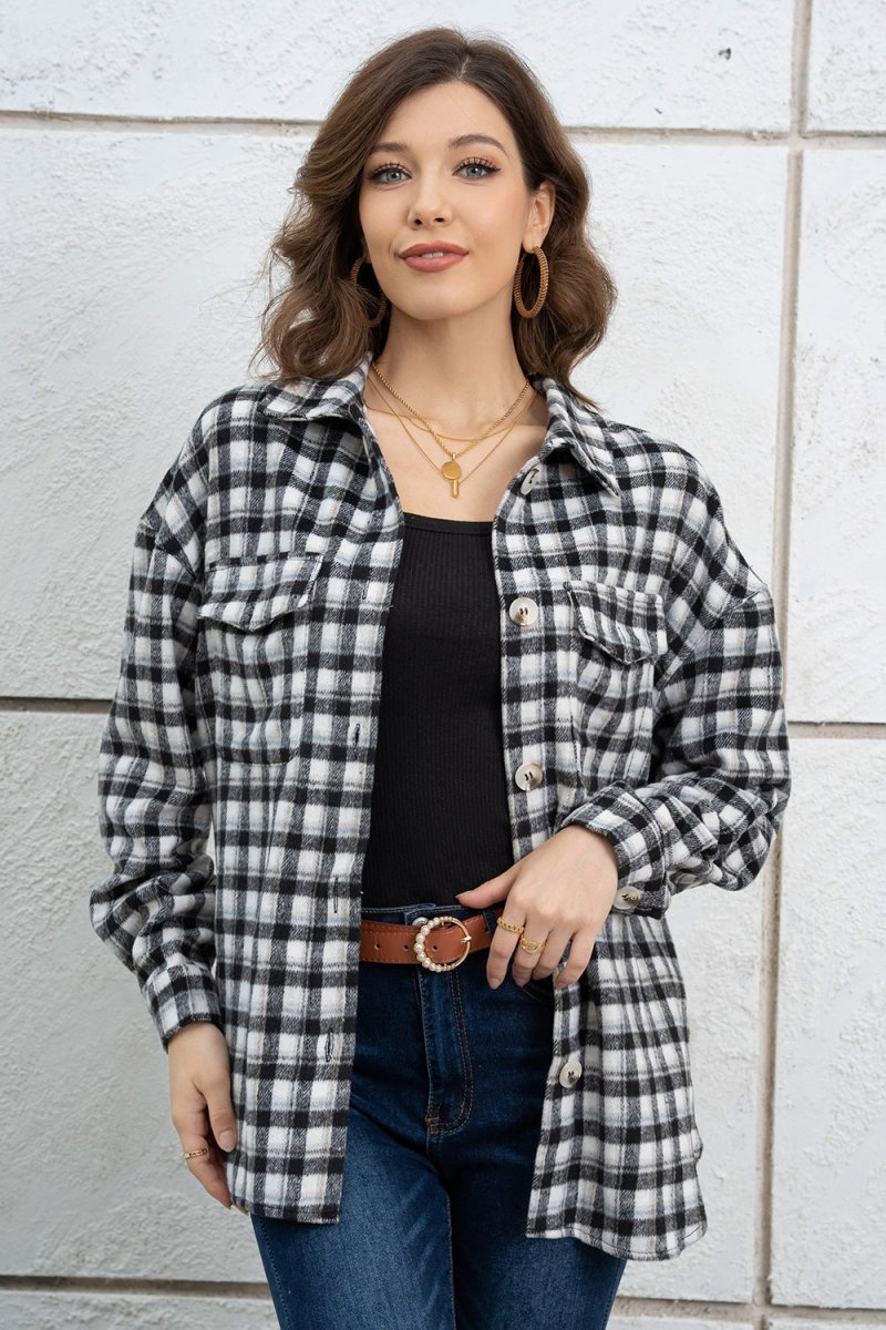 Plaid Dropped Shoulder Shirt Jacket - Outerwear