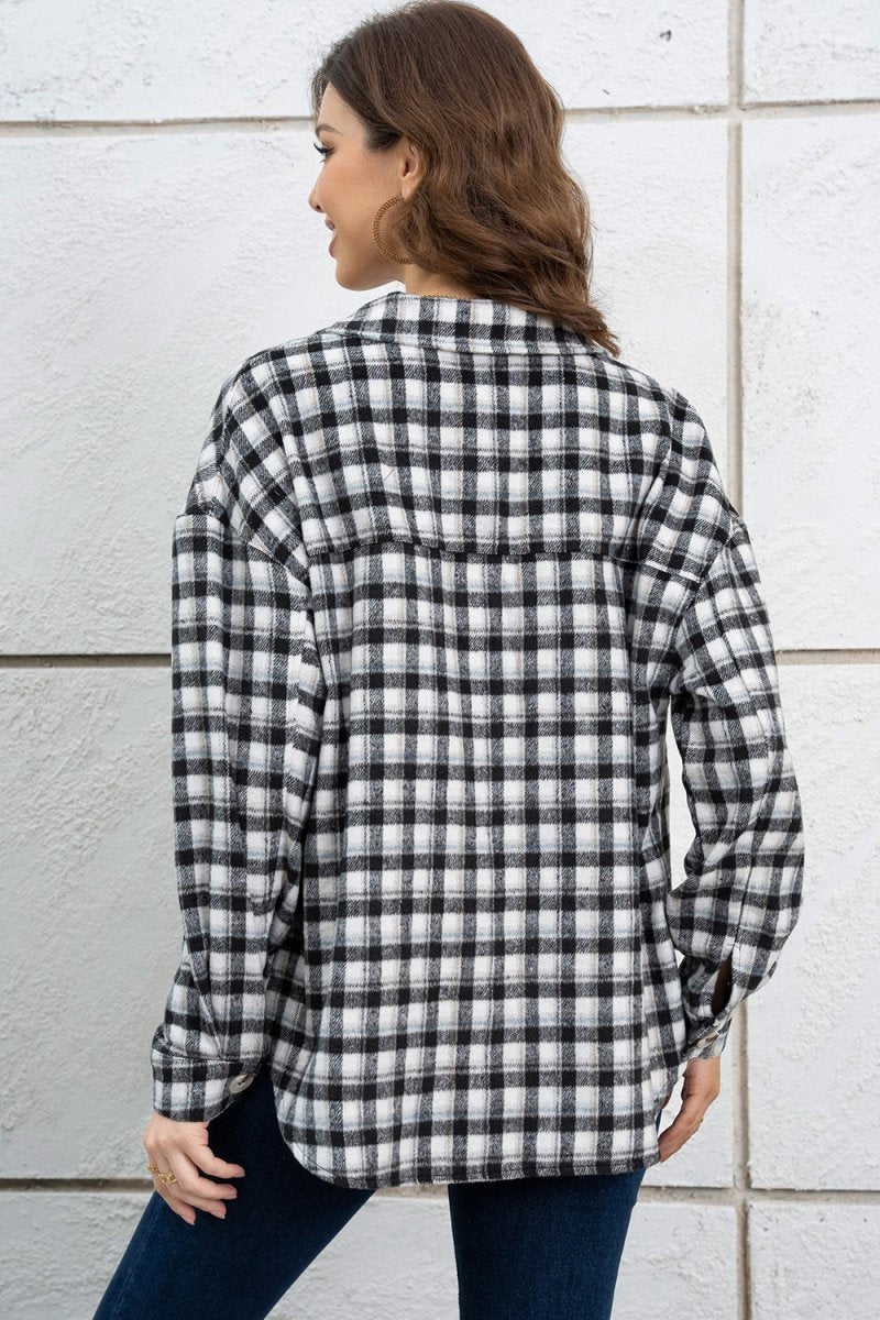 Plaid Dropped Shoulder Shirt Jacket - Outerwear