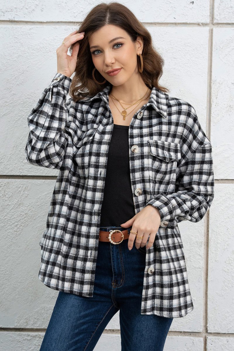 Plaid Dropped Shoulder Shirt Jacket - Outerwear