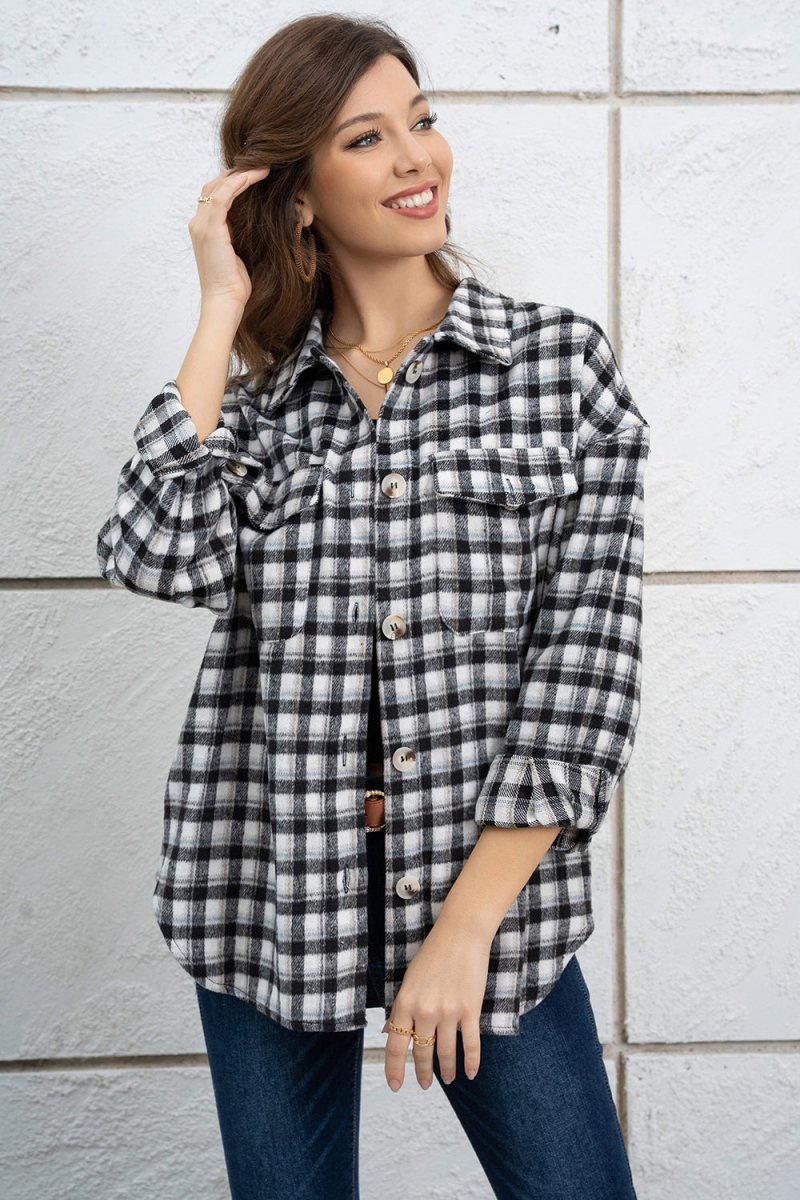 Plaid Dropped Shoulder Shirt Jacket - Outerwear