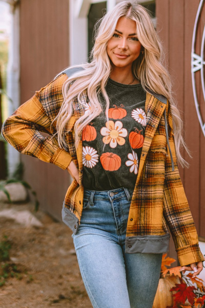 Plaid Hooded Button Front Jacket - Outerwear