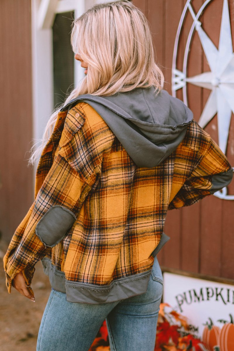 Plaid Hooded Button Front Jacket - Outerwear