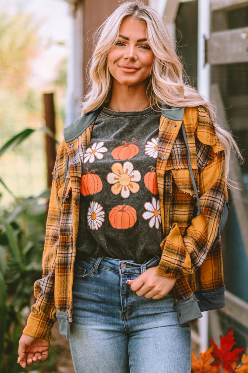 Plaid Hooded Button Front Jacket - Outerwear