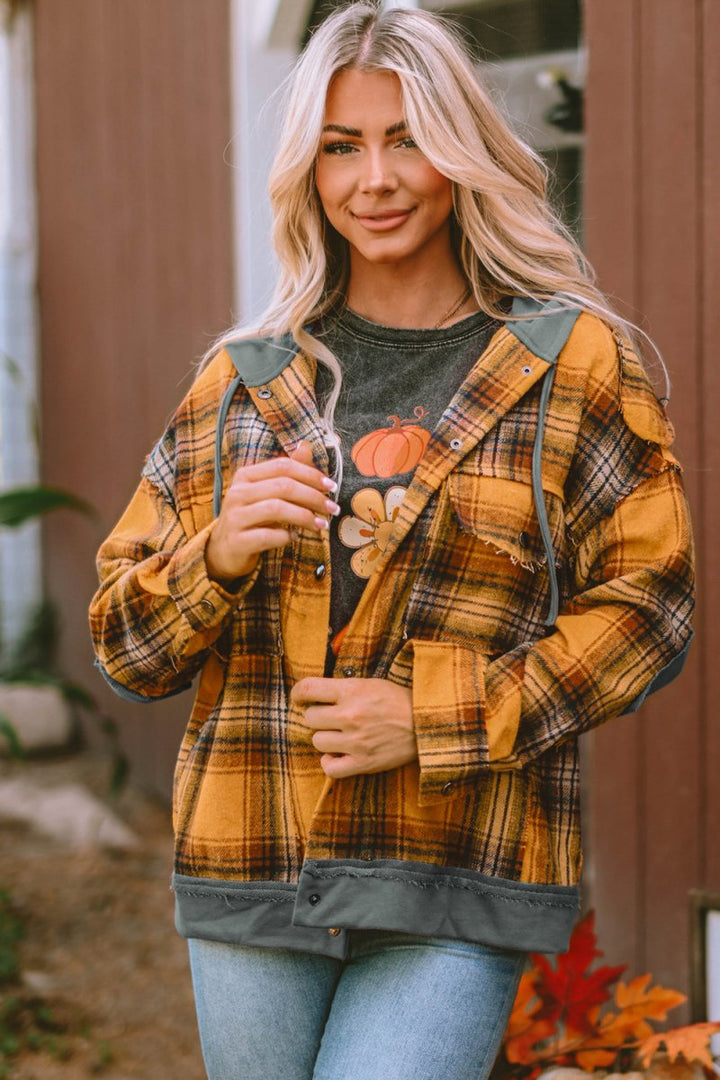 Plaid Hooded Button Front Jacket - Outerwear