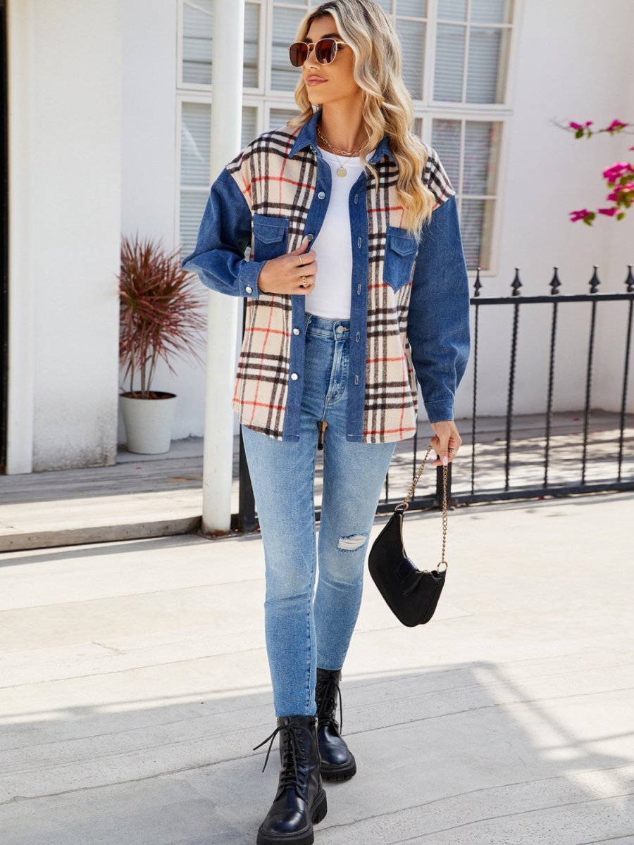 Plaid Long Sleeve Denim Jacket - Outerwear