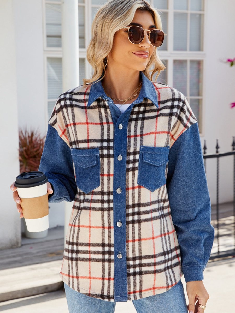 Plaid Long Sleeve Denim Jacket - Outerwear