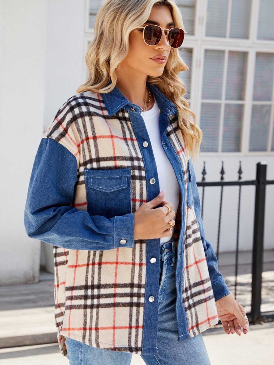 Plaid Long Sleeve Denim Jacket - Outerwear