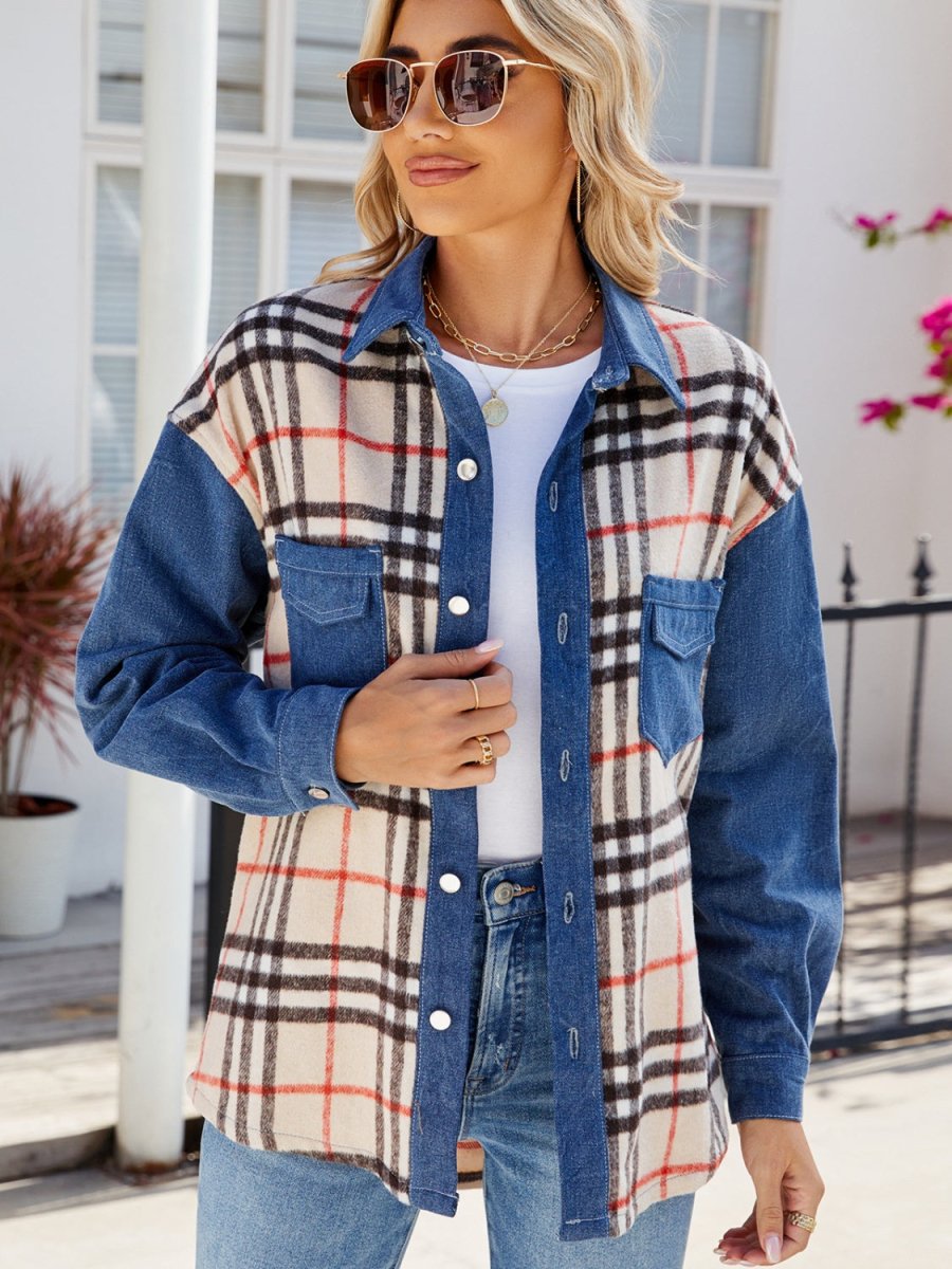 Plaid Long Sleeve Denim Jacket - Outerwear