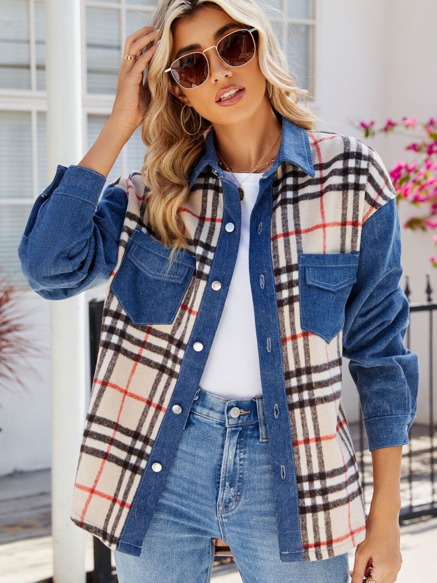 Plaid Long Sleeve Denim Jacket - Outerwear