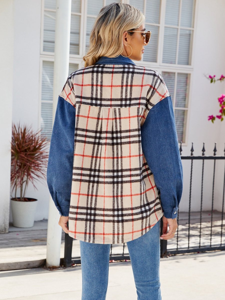 Plaid Long Sleeve Denim Jacket - Outerwear