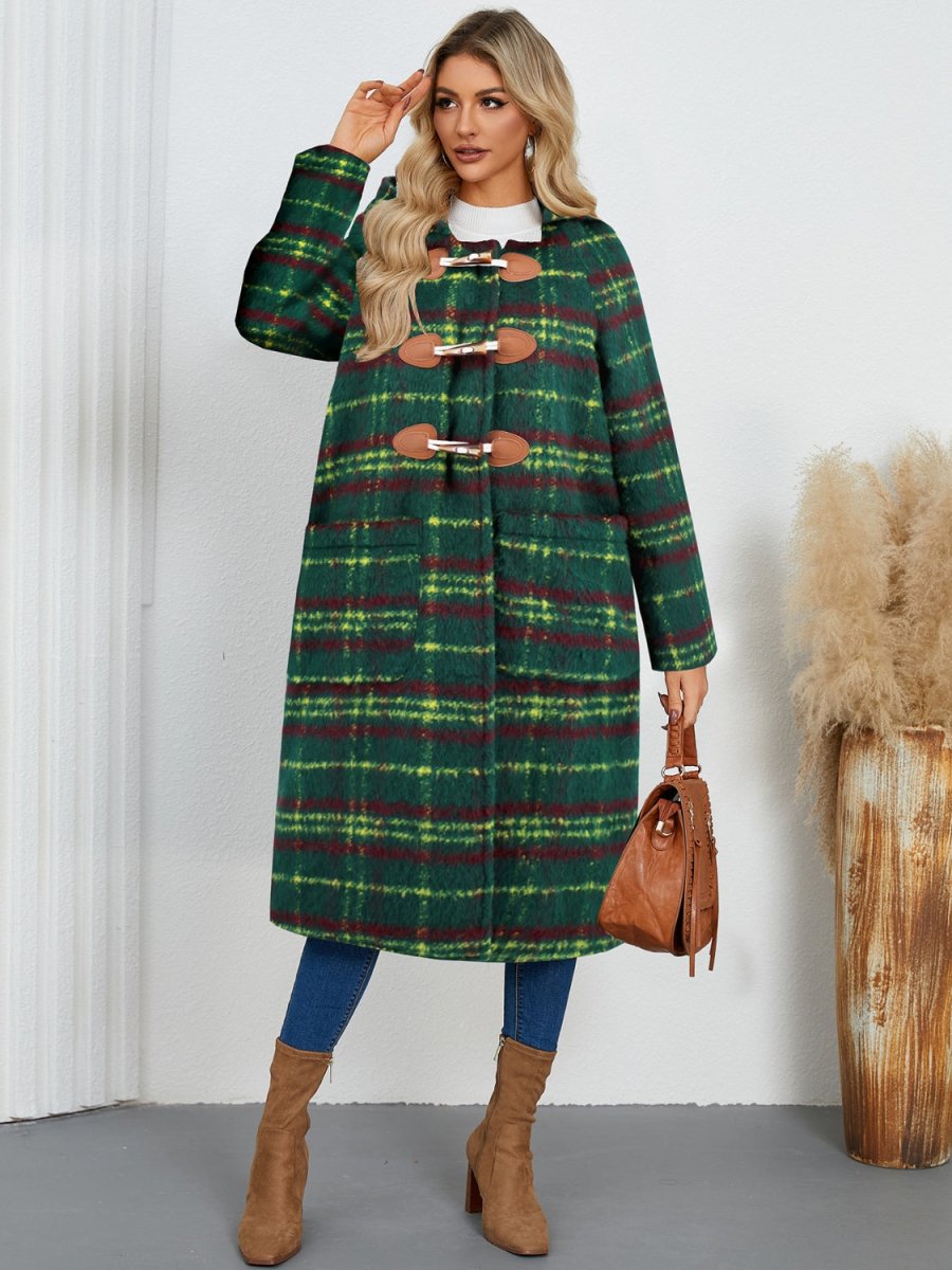 Plaid Long Sleeve Hooded Coat with Pockets - Outerwear