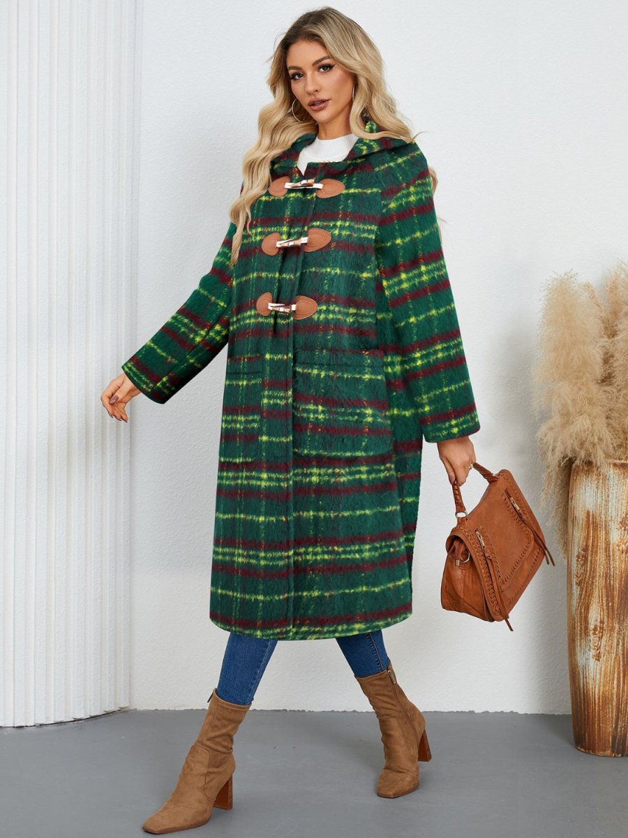 Plaid Long Sleeve Hooded Coat with Pockets - Outerwear