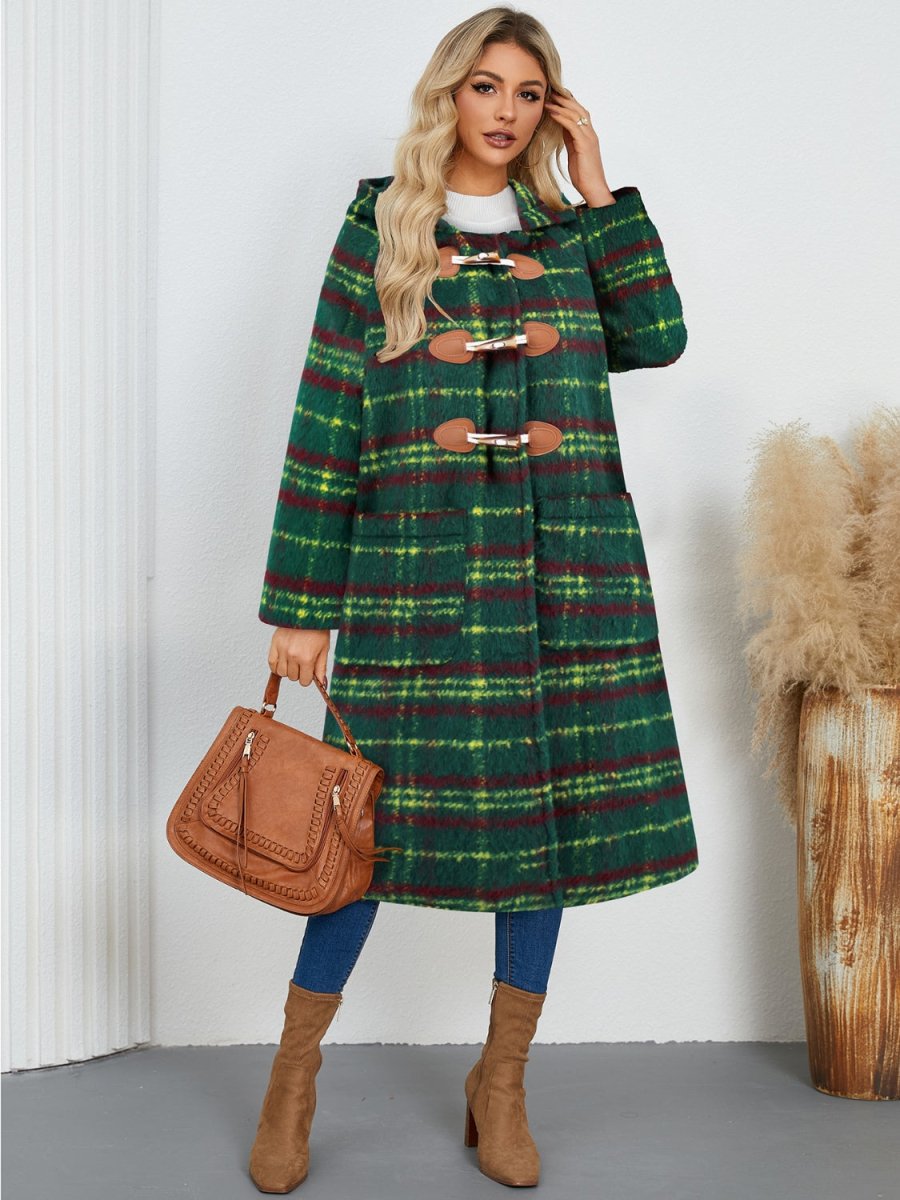 Plaid Long Sleeve Hooded Coat with Pockets - Outerwear