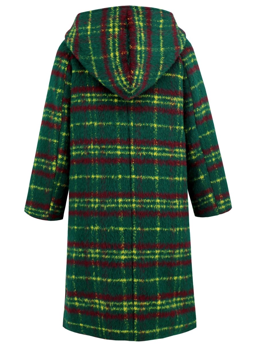 Plaid Long Sleeve Hooded Coat with Pockets - Outerwear