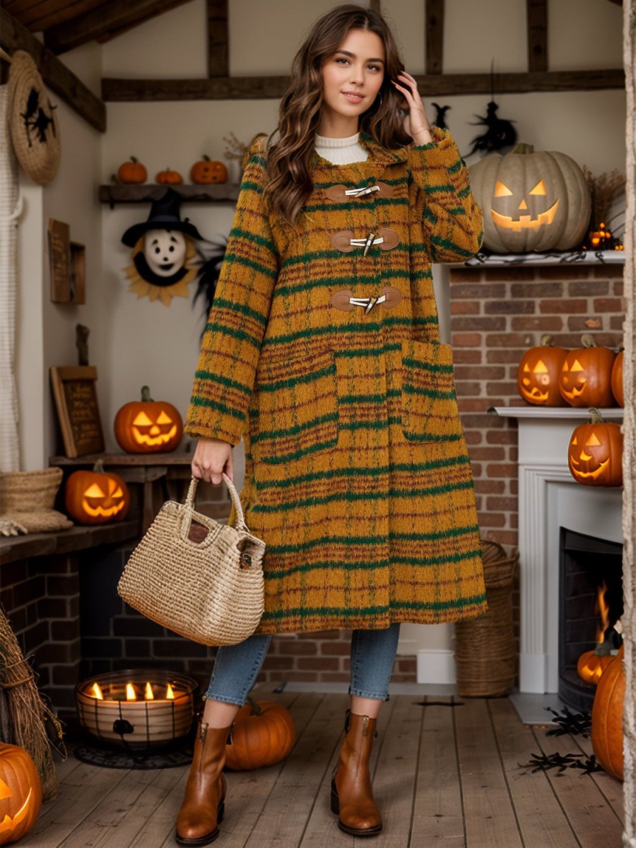 Plaid Long Sleeve Hooded Coat with Pockets - Outerwear