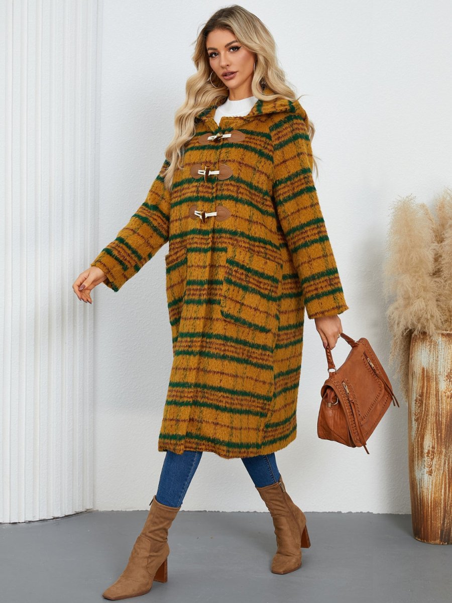 Plaid Long Sleeve Hooded Coat with Pockets - Outerwear