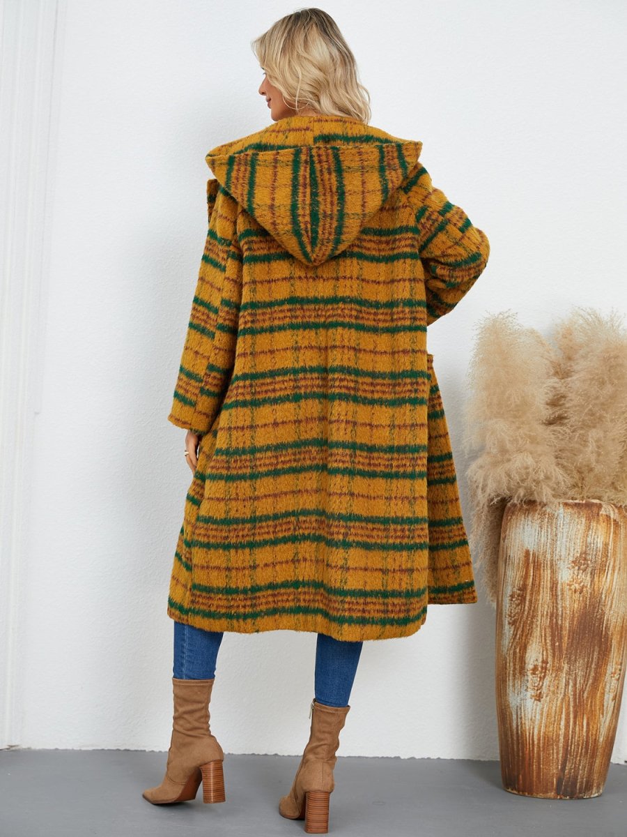 Plaid Long Sleeve Hooded Coat with Pockets - Outerwear