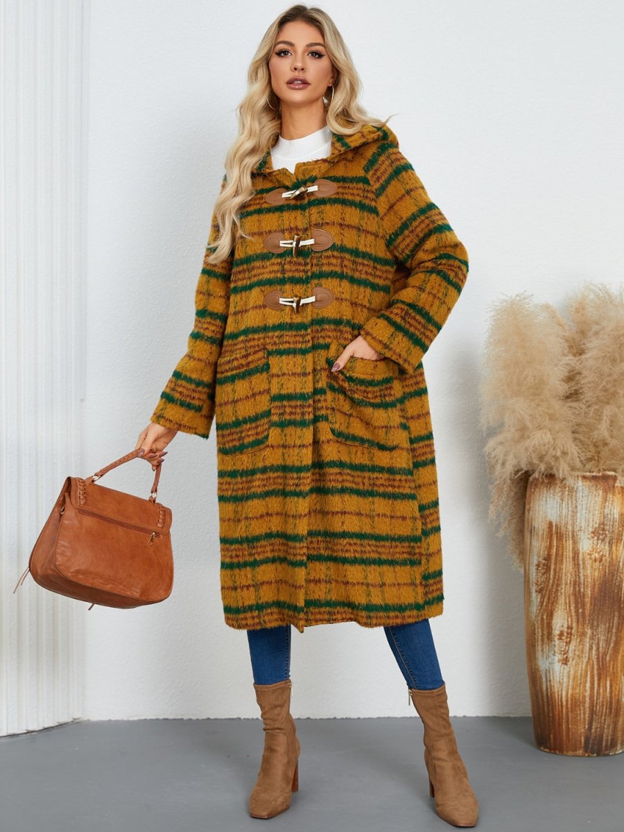 Plaid Long Sleeve Hooded Coat with Pockets - Outerwear