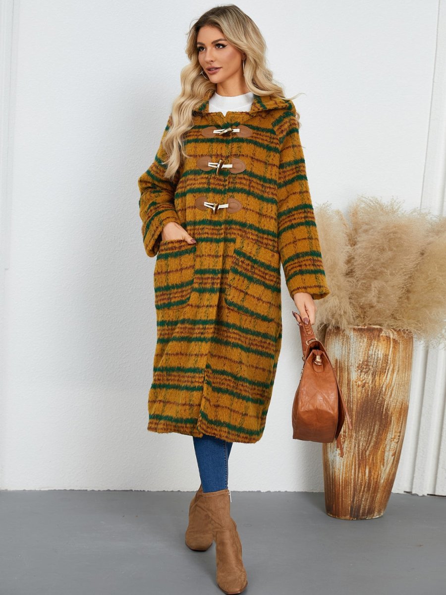 Plaid Long Sleeve Hooded Coat with Pockets - Outerwear