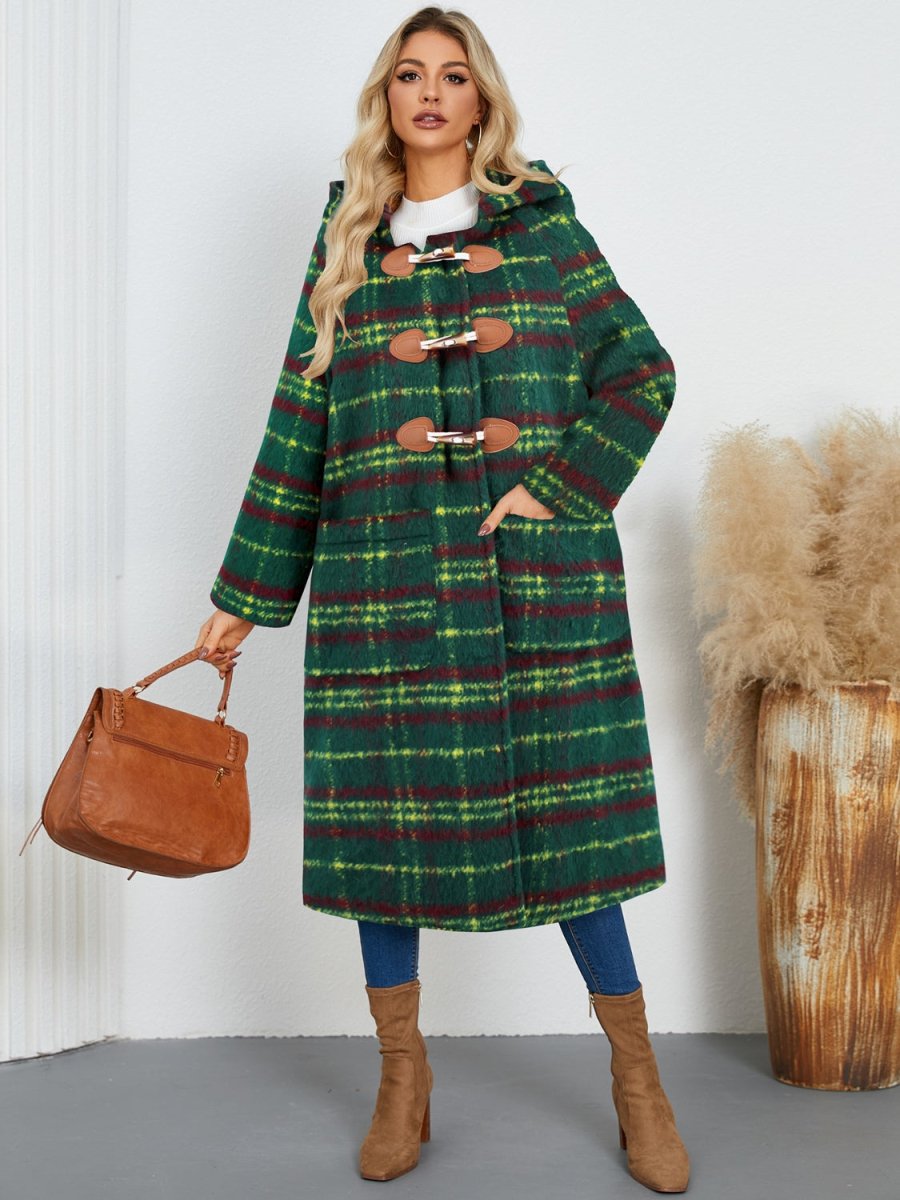 Plaid Long Sleeve Hooded Coat with Pockets - Outerwear