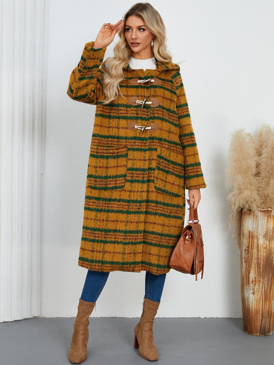 Plaid Long Sleeve Hooded Coat with Pockets - Outerwear