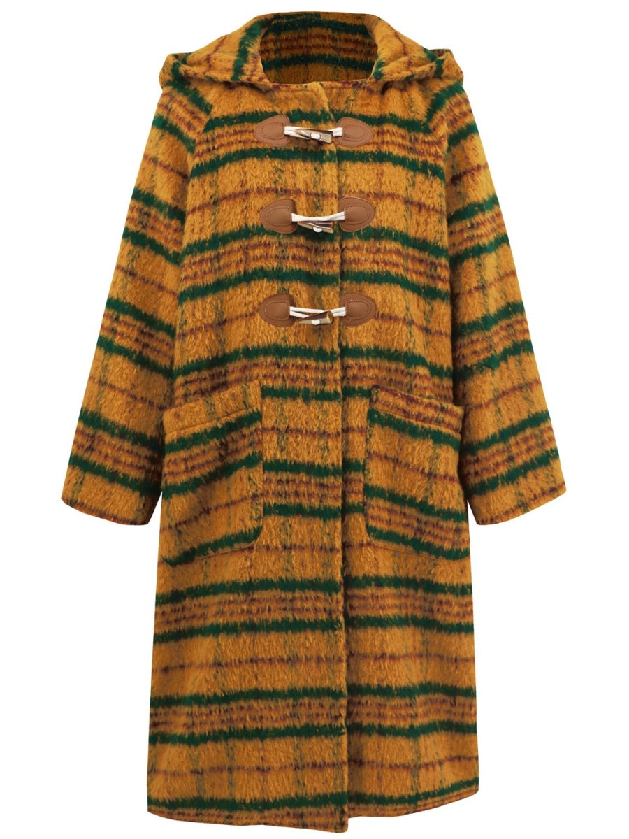 Plaid Long Sleeve Hooded Coat with Pockets - Outerwear
