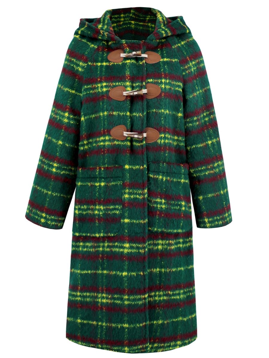 Plaid Long Sleeve Hooded Coat with Pockets - Outerwear