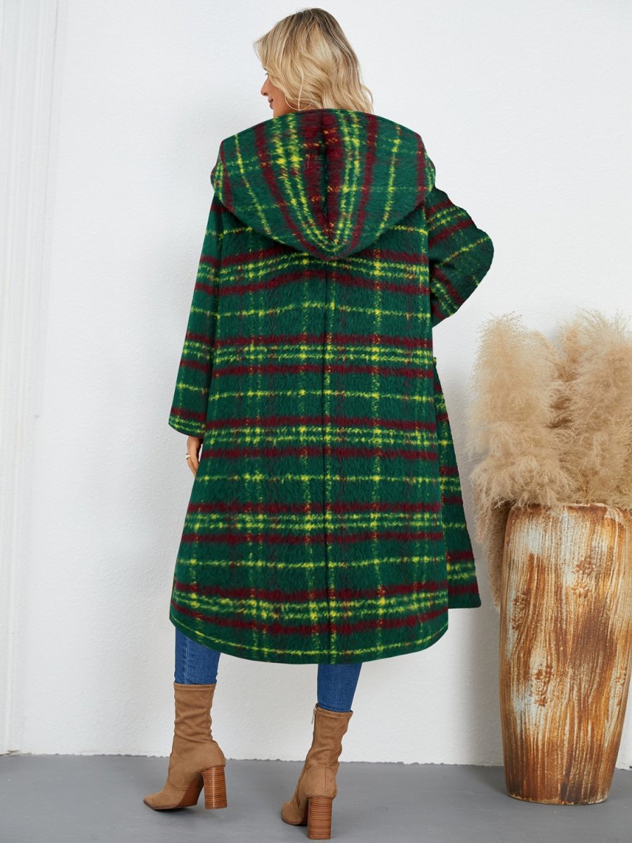 Plaid Long Sleeve Hooded Coat with Pockets - Outerwear