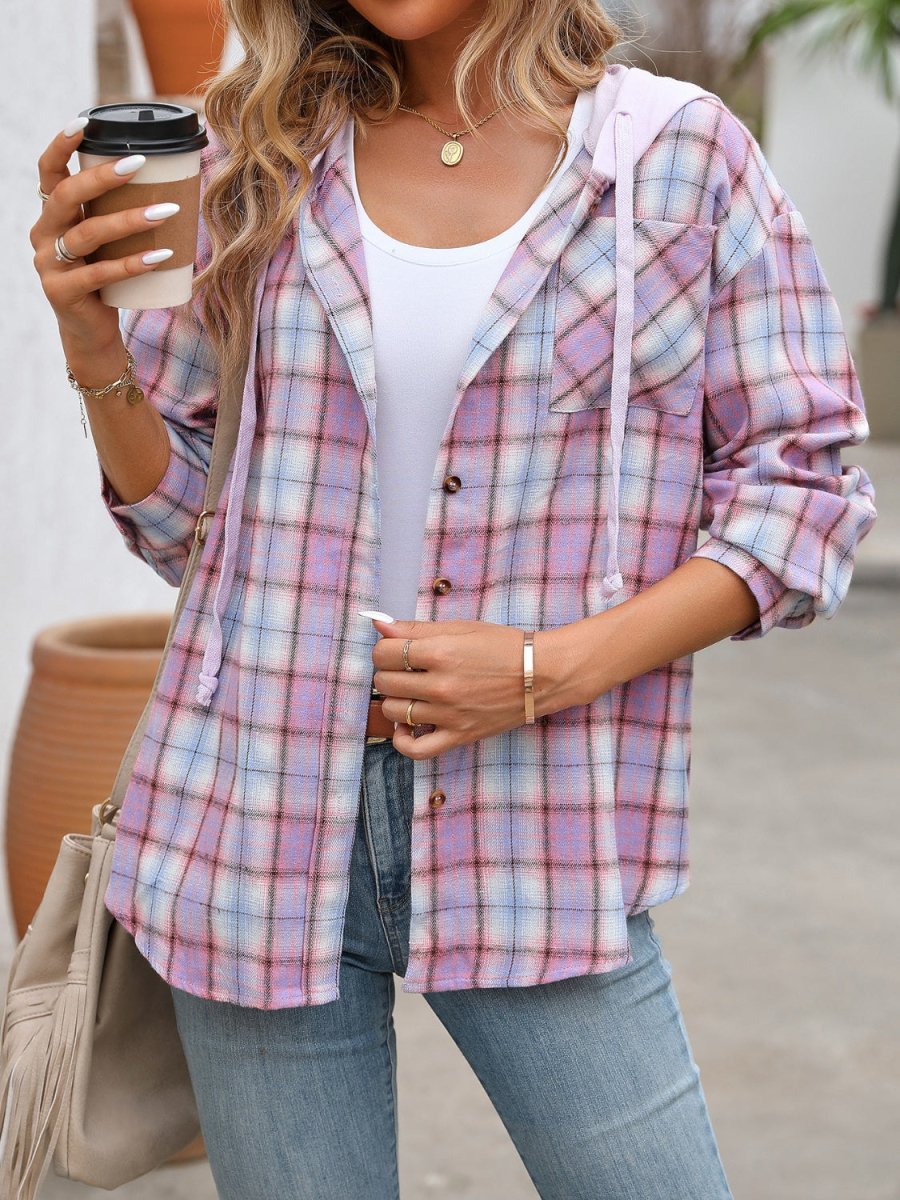 Plaid Long Sleeve Hooded Jacket - Outerwear