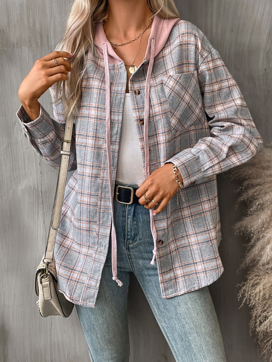 Plaid Long Sleeve Hooded Jacket - Outerwear