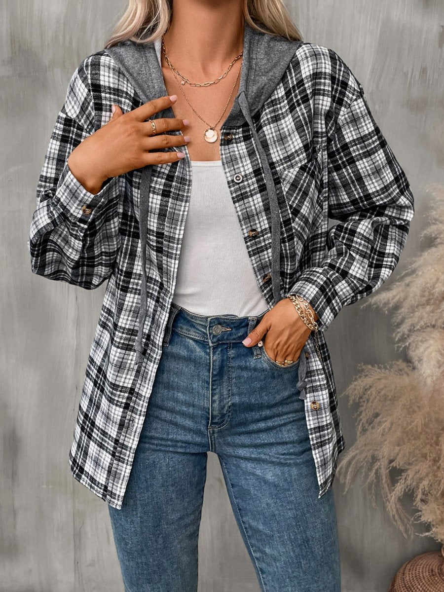 Plaid Long Sleeve Hooded Jacket - Outerwear
