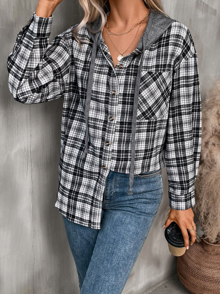 Plaid Long Sleeve Hooded Jacket - Outerwear