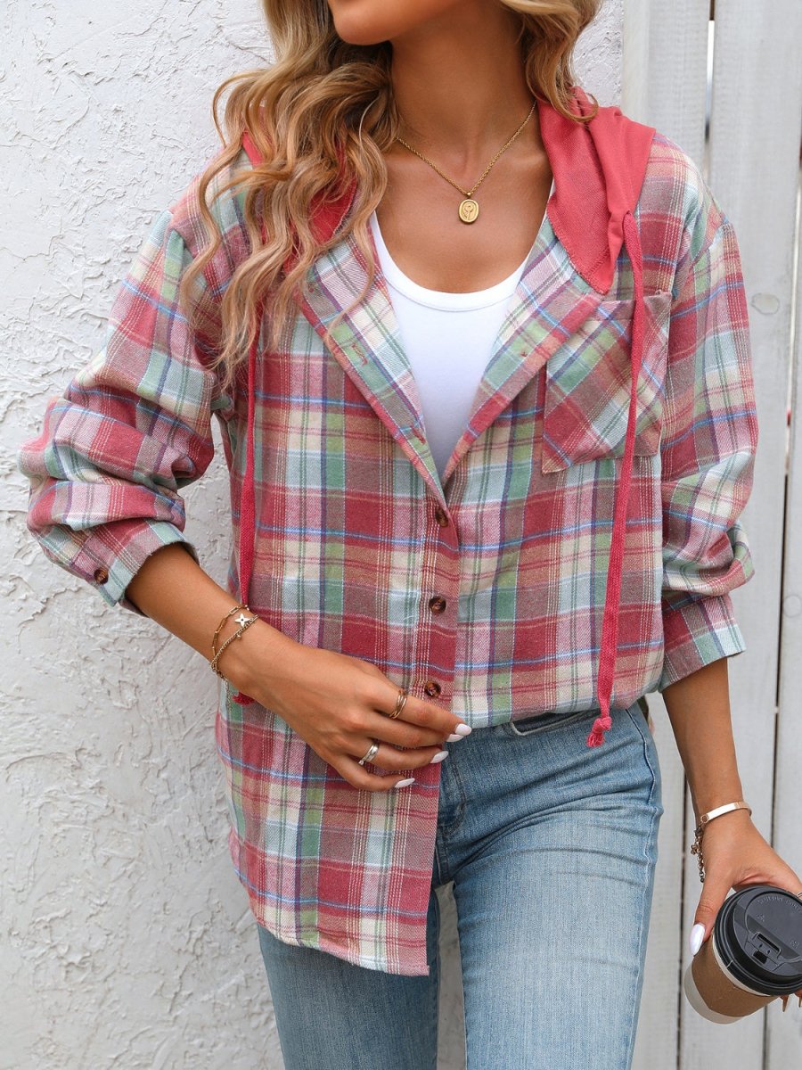 Plaid Long Sleeve Hooded Jacket - Outerwear