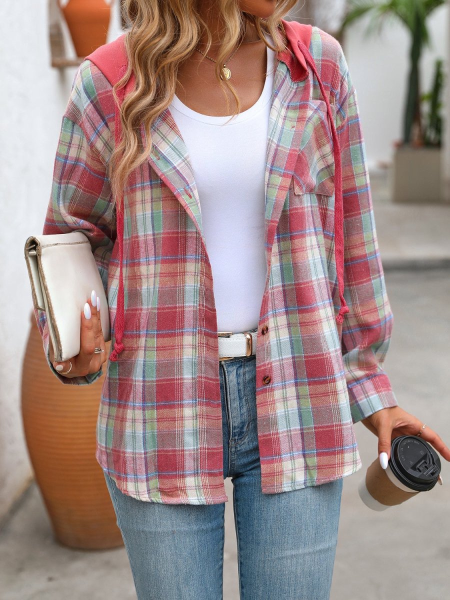 Plaid Long Sleeve Hooded Jacket - Outerwear