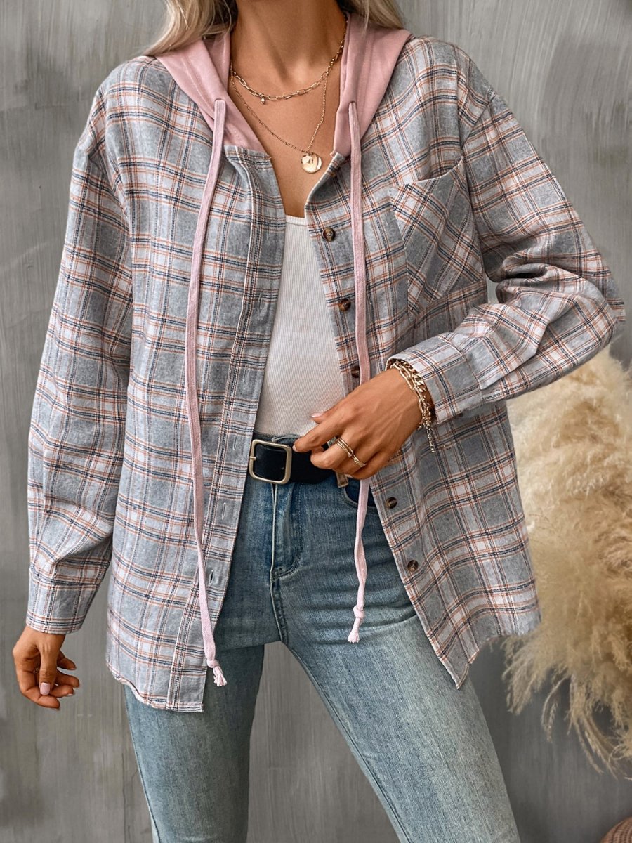 Plaid Long Sleeve Hooded Jacket - Outerwear