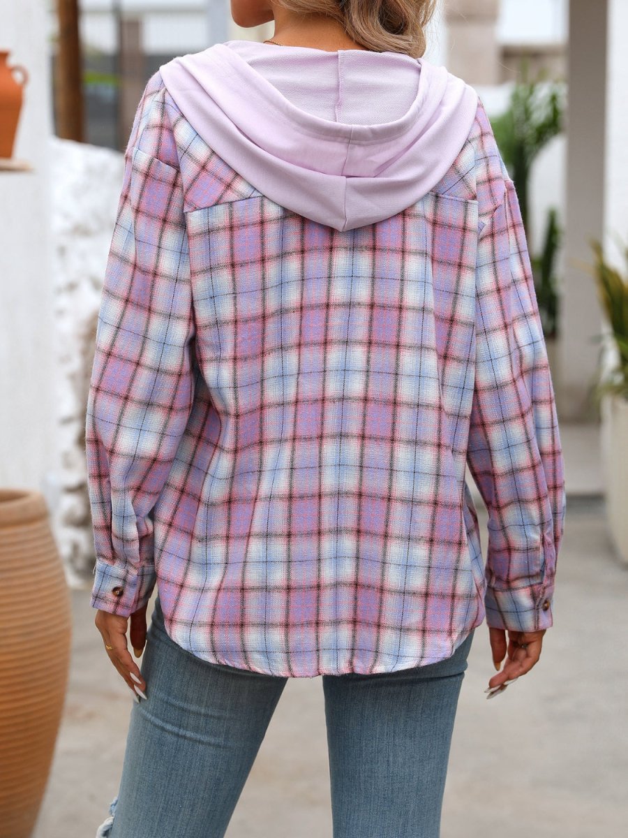 Plaid Long Sleeve Hooded Jacket - Outerwear