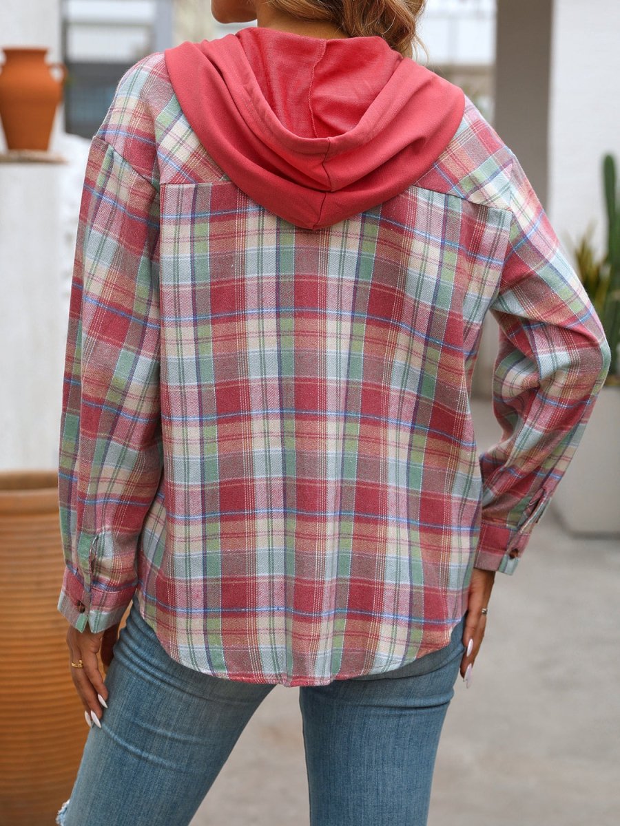 Plaid Long Sleeve Hooded Jacket - Outerwear